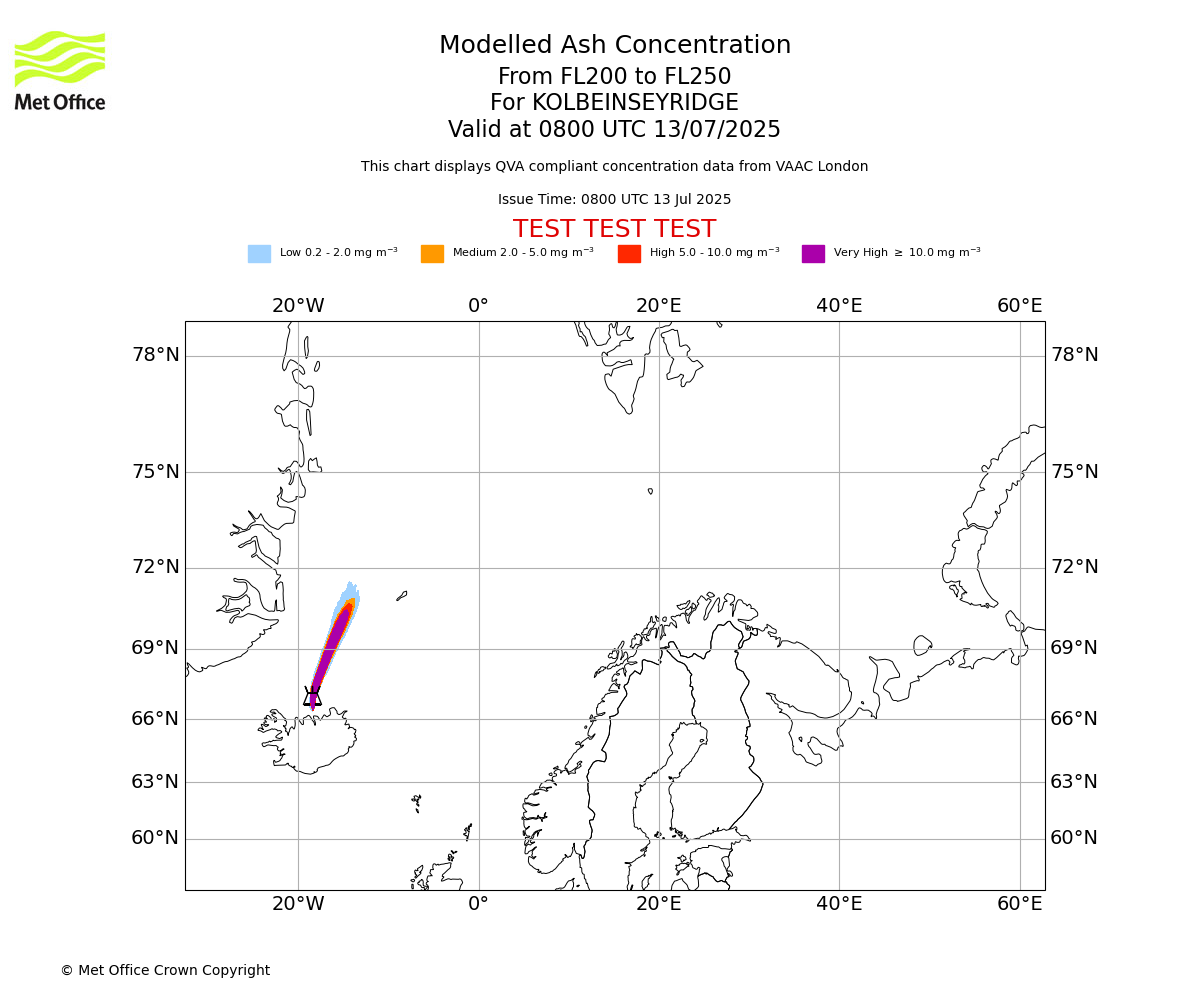 Modelled ash concentration from 200 to 250 for KOLBEINSEYRIDGE. Valid at 0800 UTC 13/07/2025