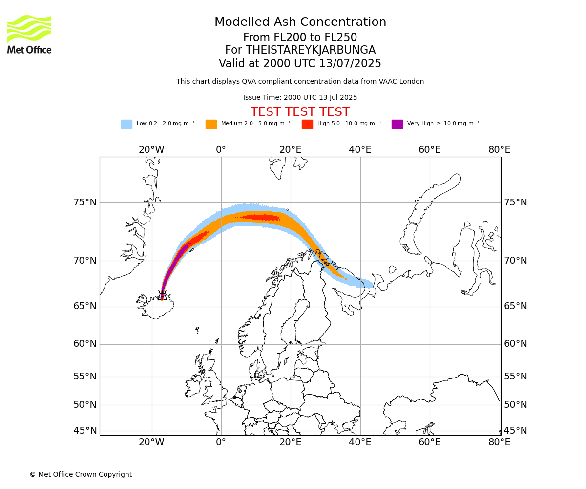 Modelled ash concentration from 200 to 250 for THEISTAREYKJARBUNGA. Valid at 2000 UTC 13/07/2025
