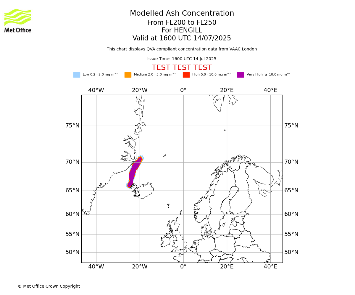 Modelled ash concentration from 200 to 250 for HENGILL. Valid at 1600 UTC 14/07/2025
