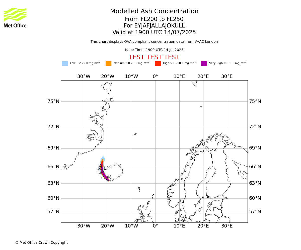 Modelled ash concentration from 200 to 250 for EYJAFJALLAJOKULL. Valid at 1900 UTC 14/07/2025