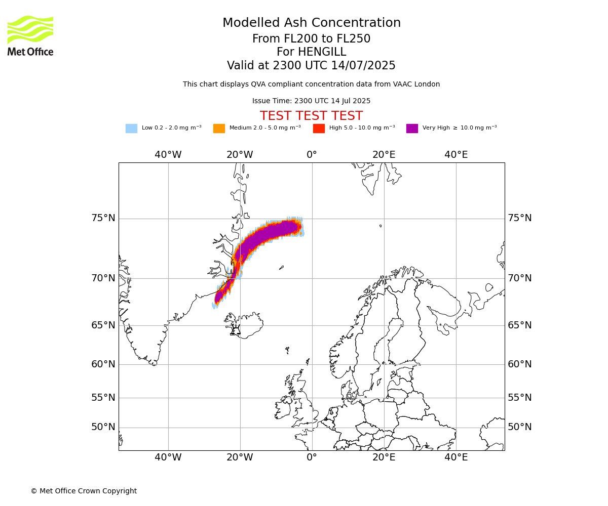 Modelled ash concentration from 200 to 250 for HENGILL. Valid at 2300 UTC 14/07/2025