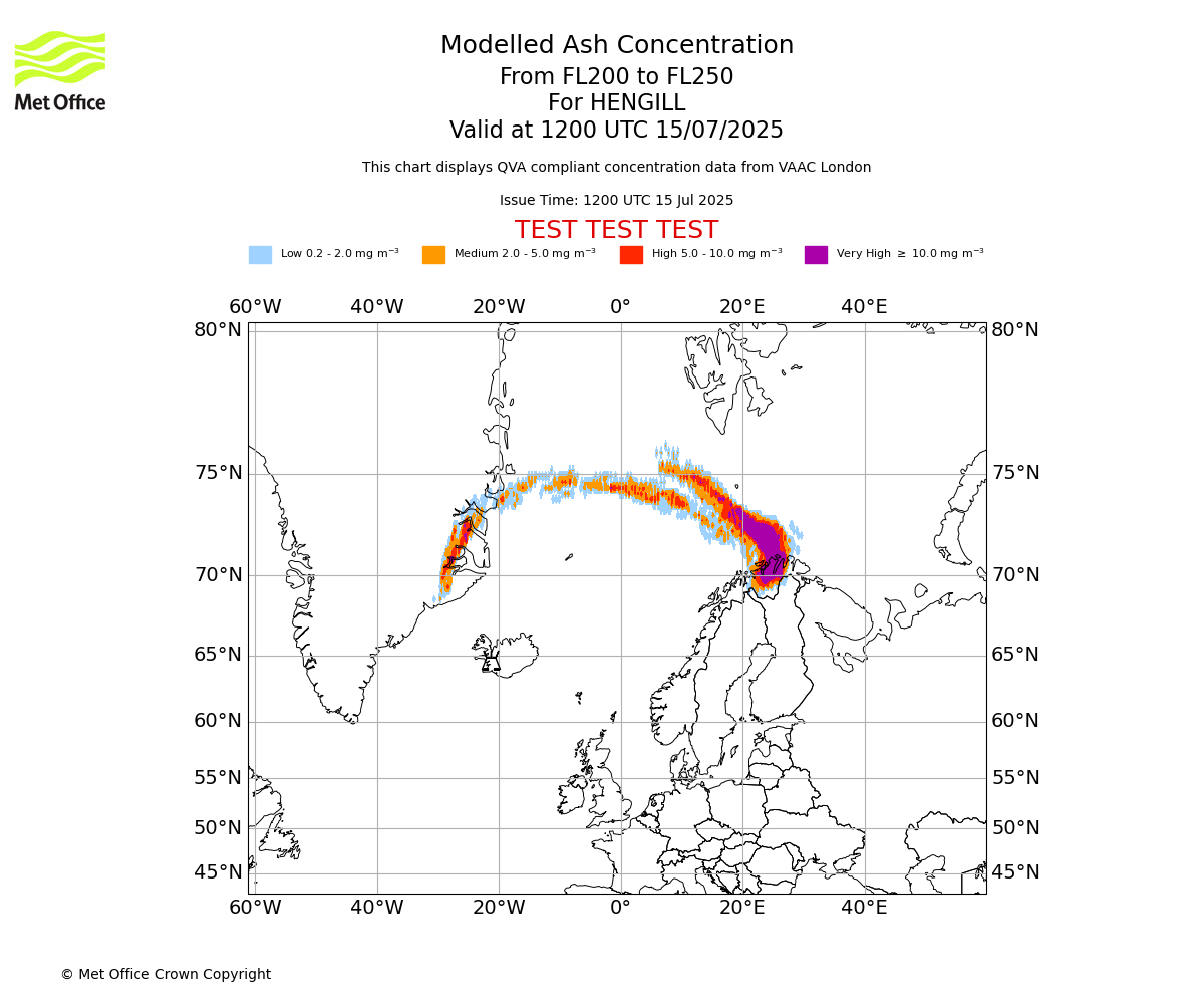 Modelled ash concentration from 200 to 250 for HENGILL. Valid at 1200 UTC 15/07/2025