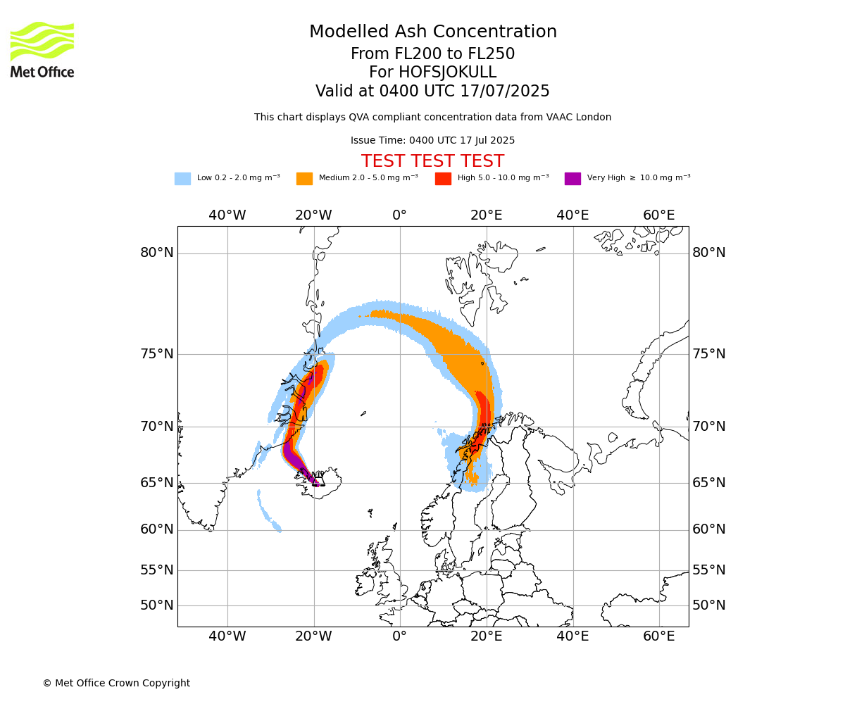 Modelled ash concentration from 200 to 250 for HOFSJOKULL. Valid at 0400 UTC 17/07/2025