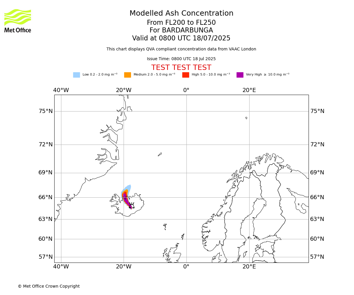 Modelled ash concentration from 200 to 250 for BARDARBUNGA. Valid at 0800 UTC 18/07/2025