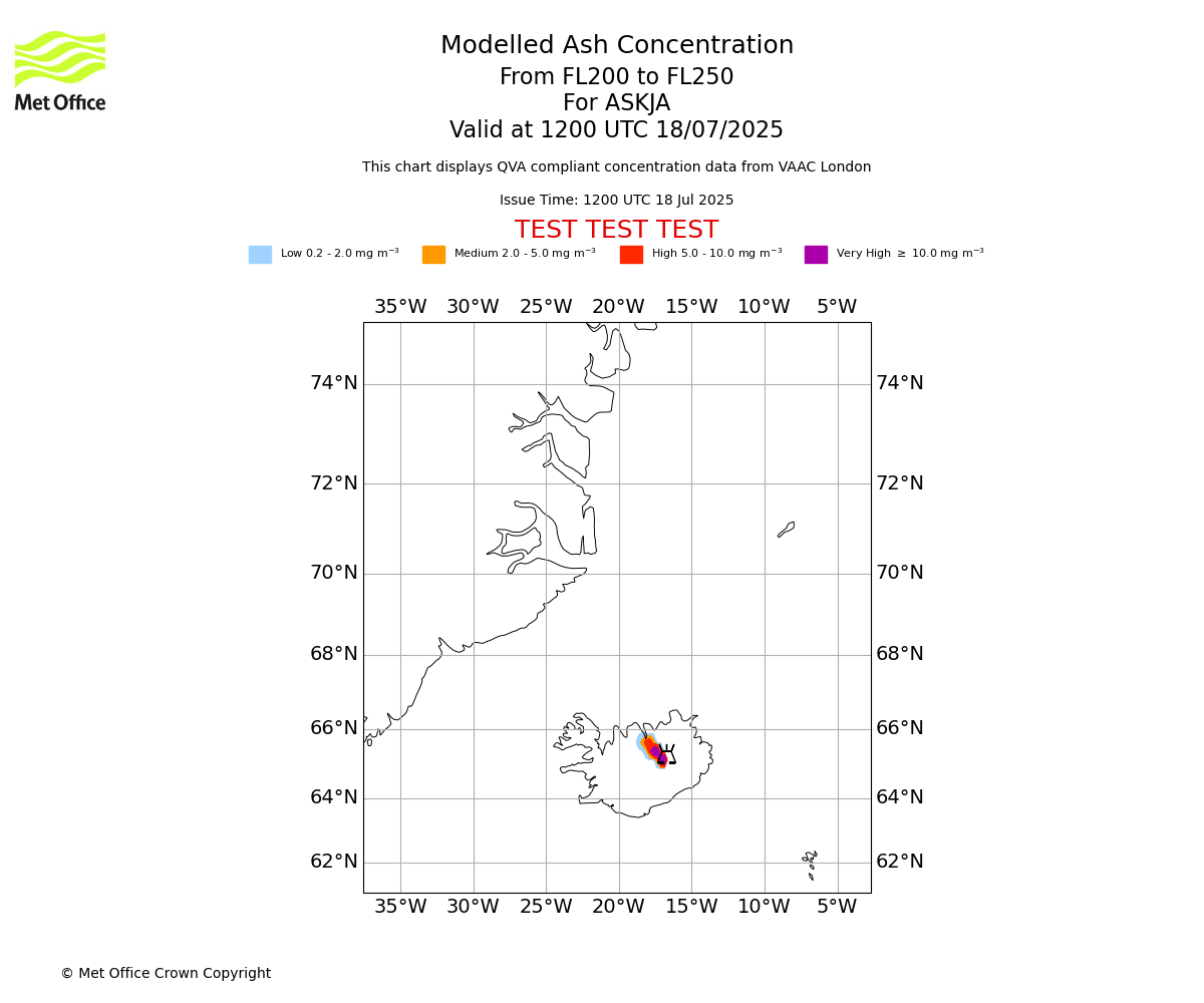 Modelled ash concentration from 200 to 250 for ASKJA. Valid at 1200 UTC 18/07/2025