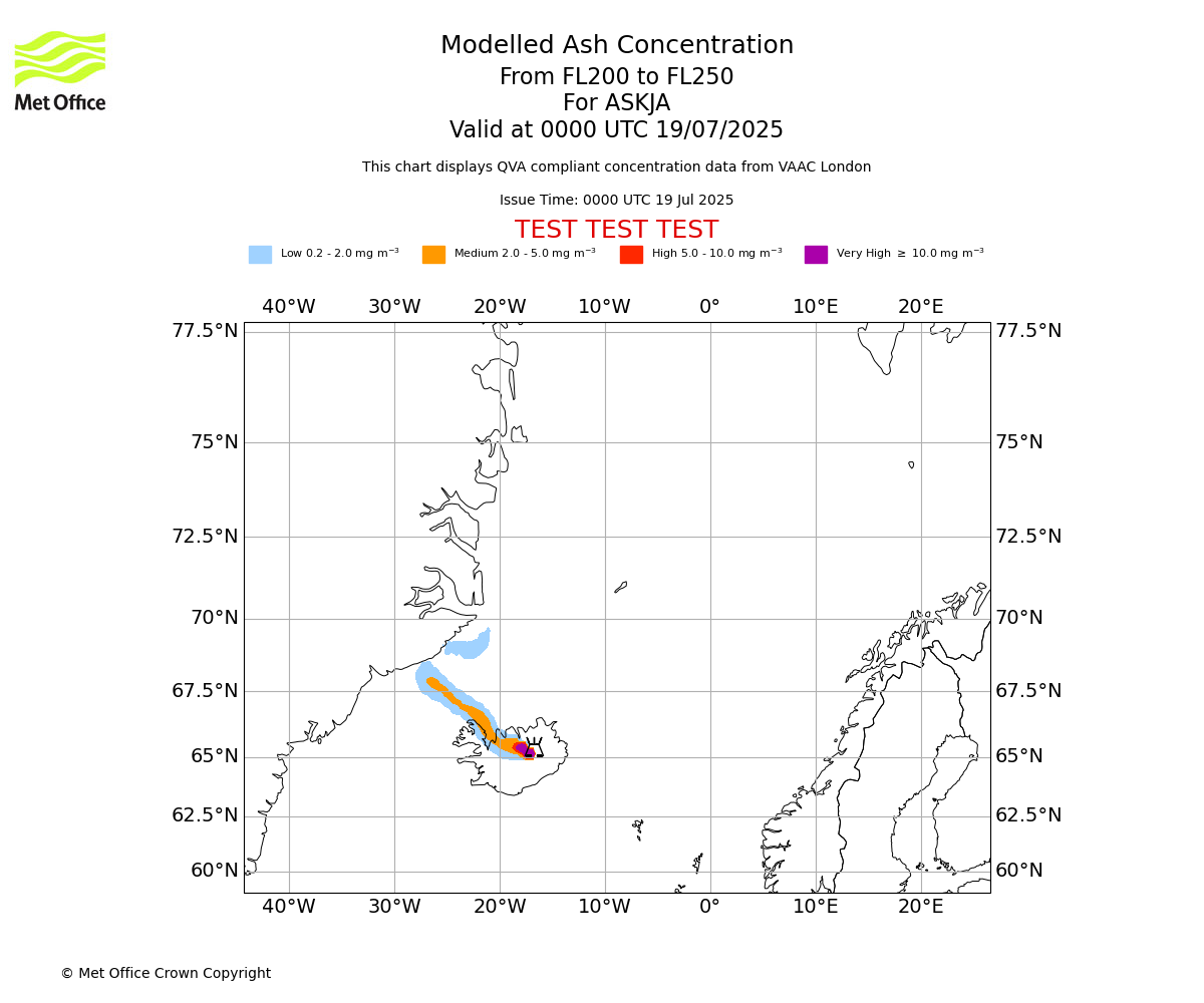 Modelled ash concentration from 200 to 250 for ASKJA. Valid at 0000 UTC 19/07/2025