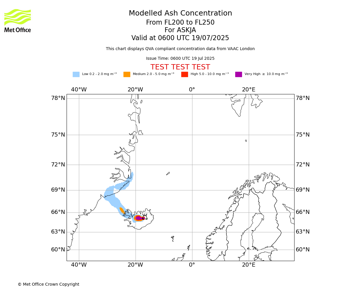Modelled ash concentration from 200 to 250 for ASKJA. Valid at 0600 UTC 19/07/2025