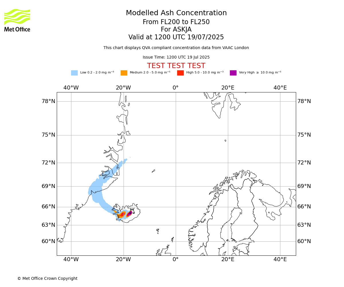 Modelled ash concentration from 200 to 250 for ASKJA. Valid at 1200 UTC 19/07/2025