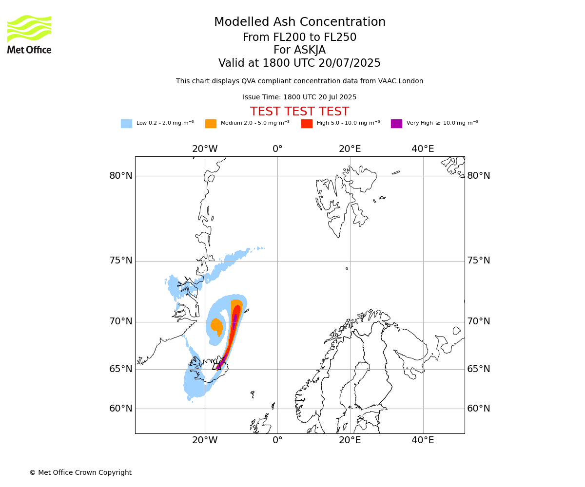 Modelled ash concentration from 200 to 250 for ASKJA. Valid at 1800 UTC 20/07/2025