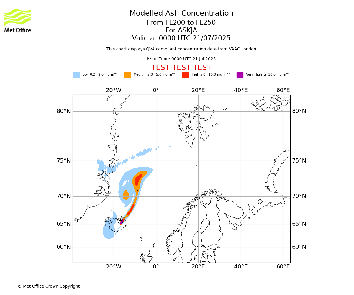Modelled ash concentration from 200 to 250 for ASKJA. Valid at 0000 UTC 21/07/2025