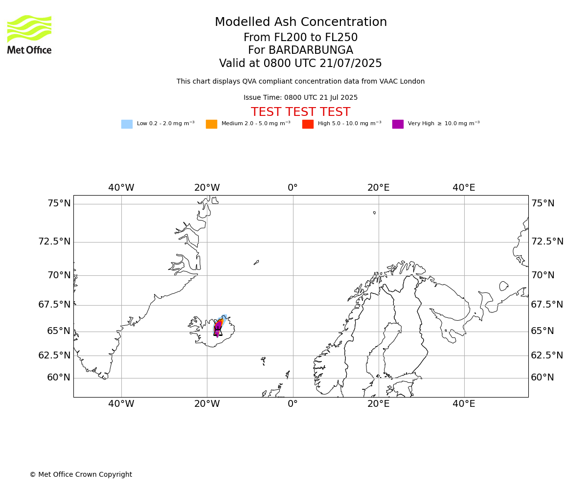 Modelled ash concentration from 200 to 250 for BARDARBUNGA. Valid at 0800 UTC 21/07/2025