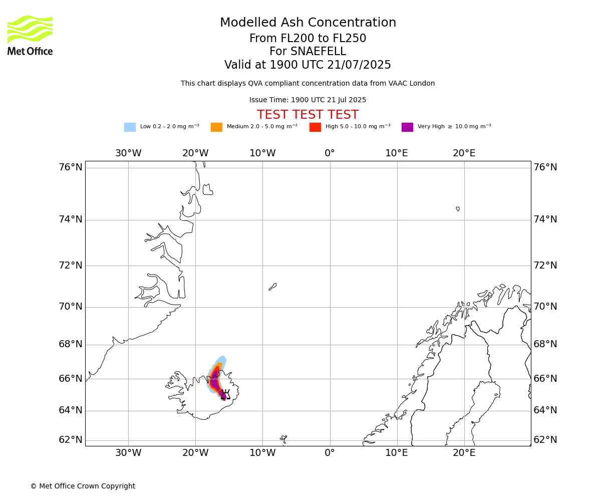 Modelled ash concentration from 200 to 250 for SNAEFELL. Valid at 1900 UTC 21/07/2025