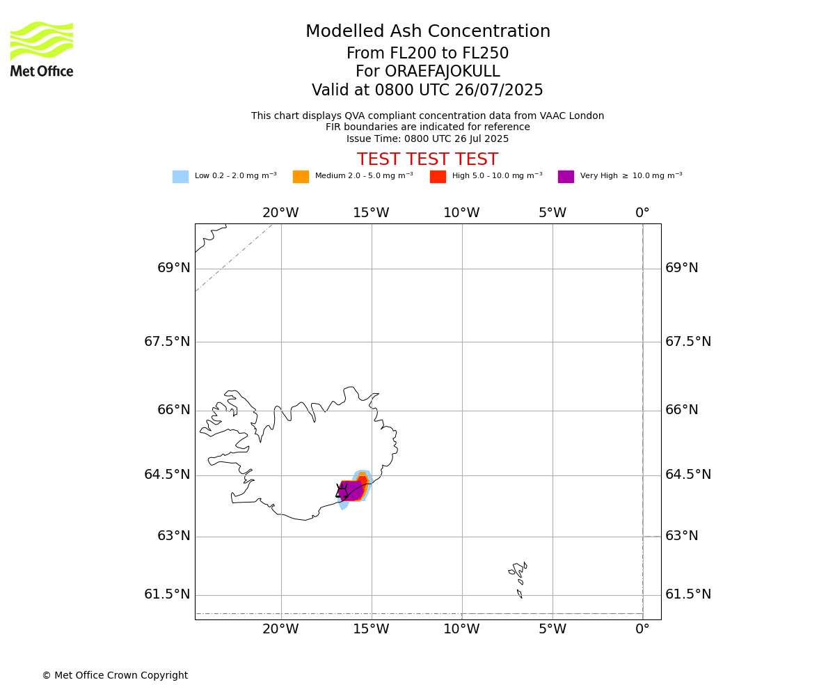 Modelled ash concentration from 200 to 250 for ORAEFAJOKULL. Valid at 0800 UTC 26/07/2025