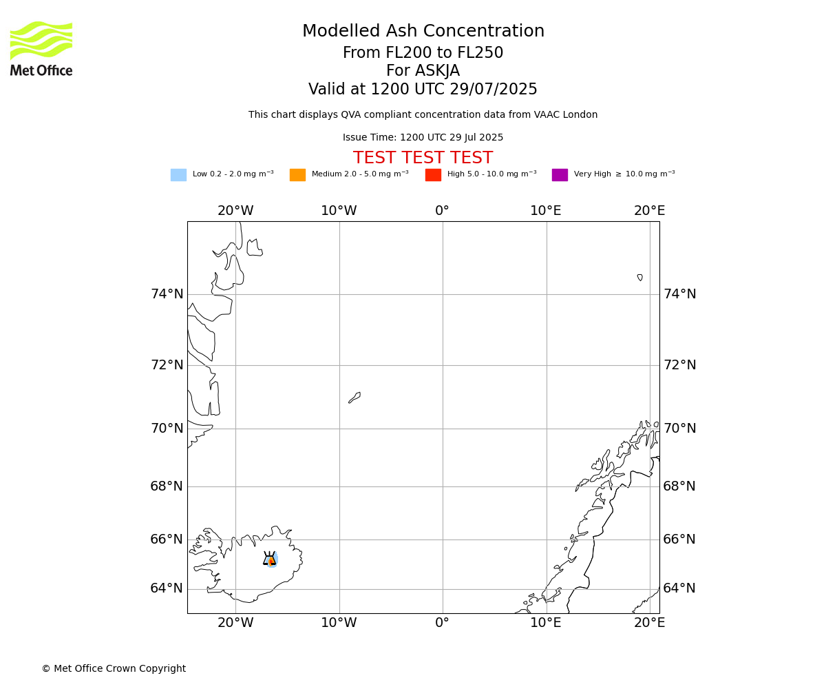 Modelled ash concentration from 200 to 250 for ASKJA. Valid at 1200 UTC 29/07/2025