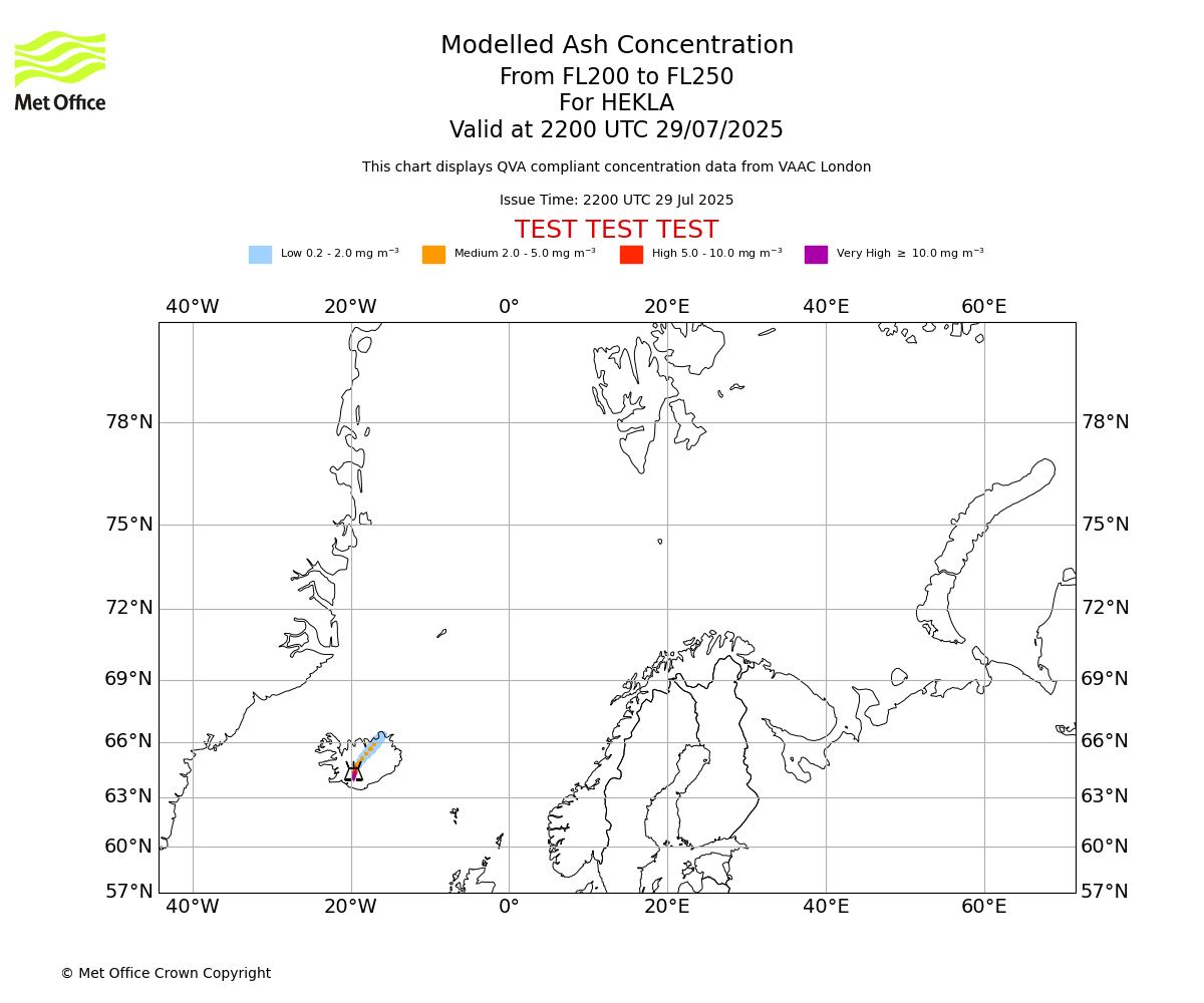 Modelled ash concentration from 200 to 250 for HEKLA. Valid at 2200 UTC 29/07/2025