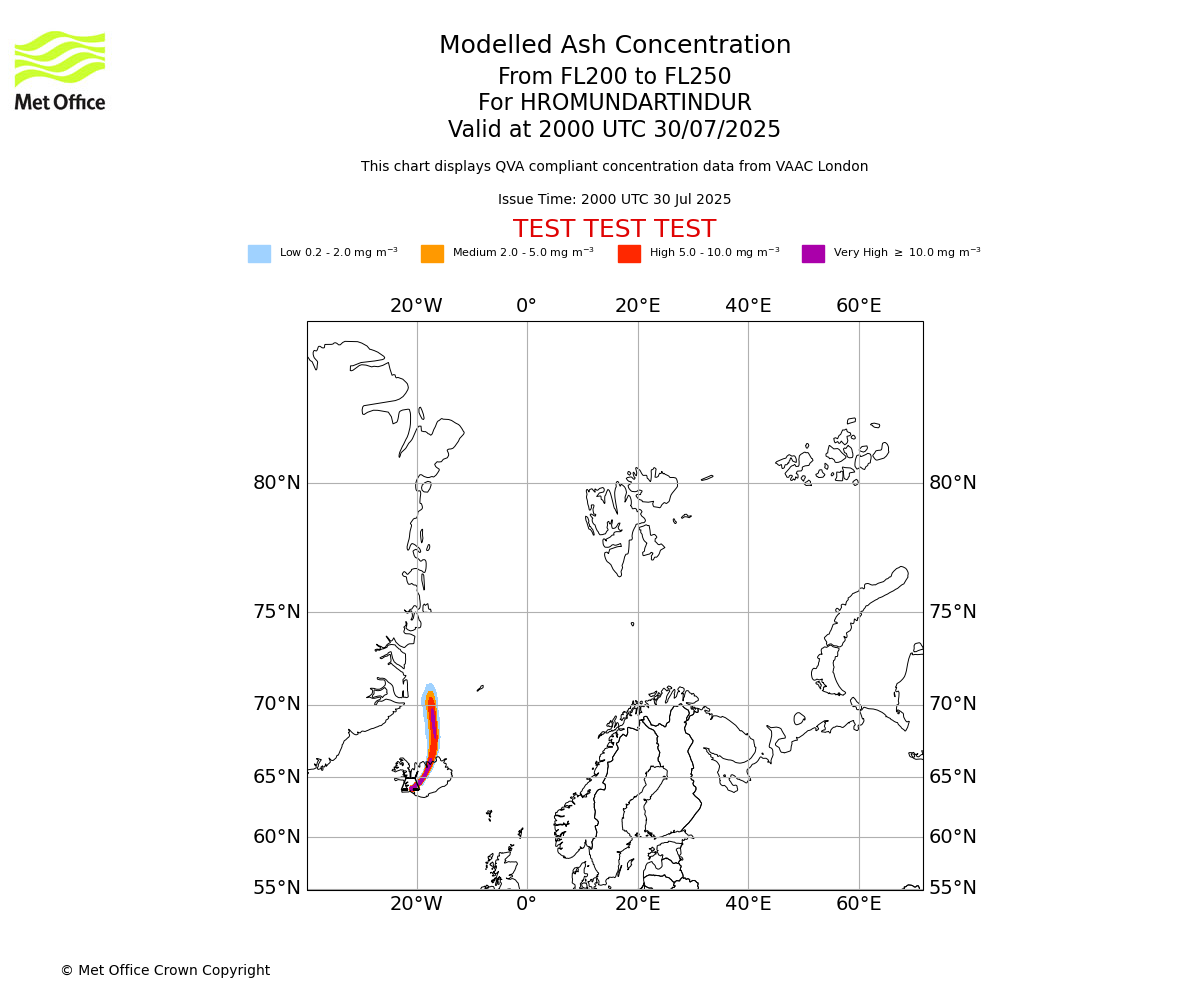 Modelled ash concentration from 200 to 250 for HROMUNDARTINDUR. Valid at 2000 UTC 30/07/2025