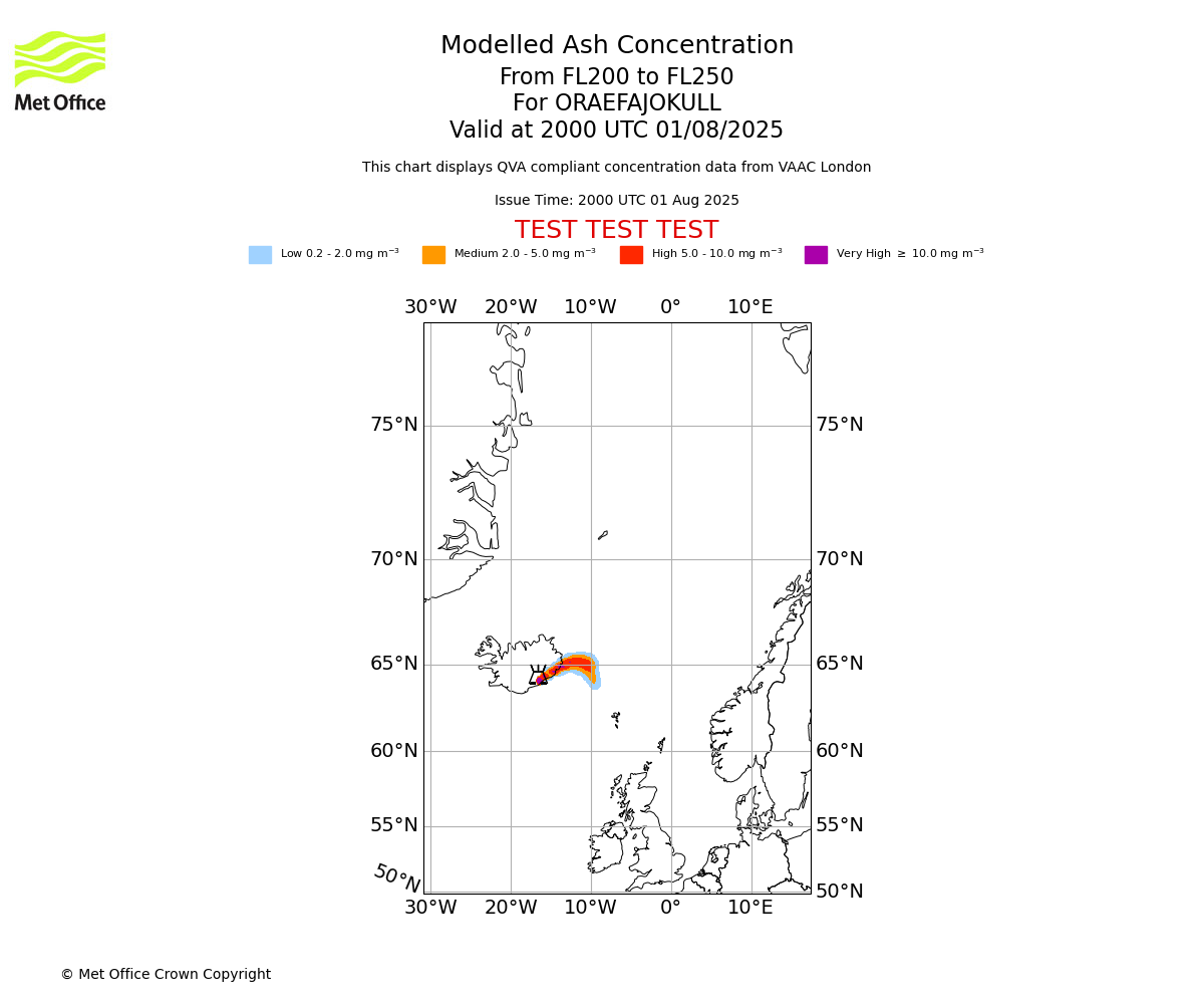 Modelled ash concentration from 200 to 250 for ORAEFAJOKULL. Valid at 2000 UTC 01/08/2025