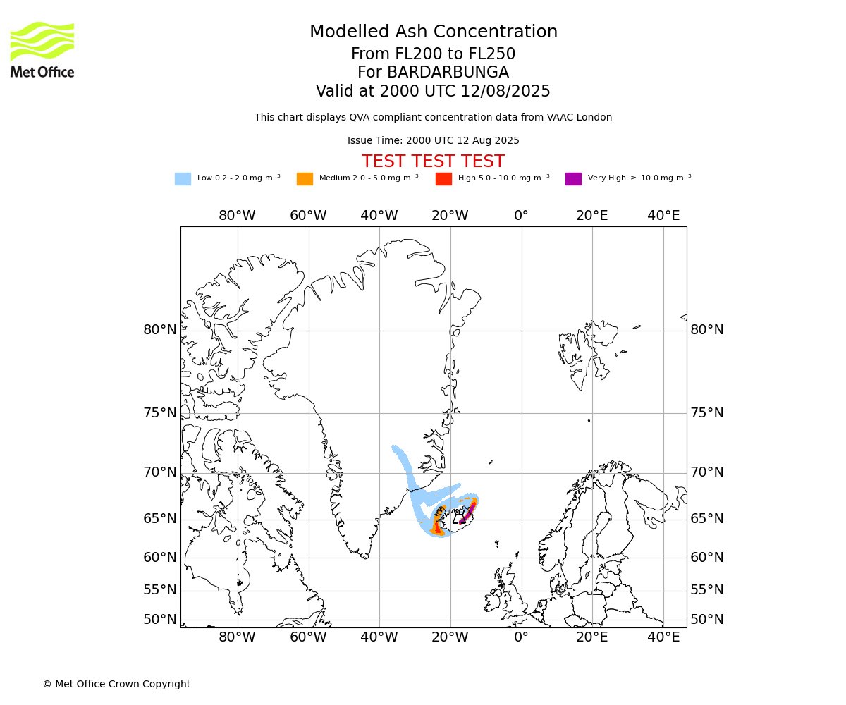 Modelled ash concentration from 200 to 250 for BARDARBUNGA. Valid at 2000 UTC 12/08/2025