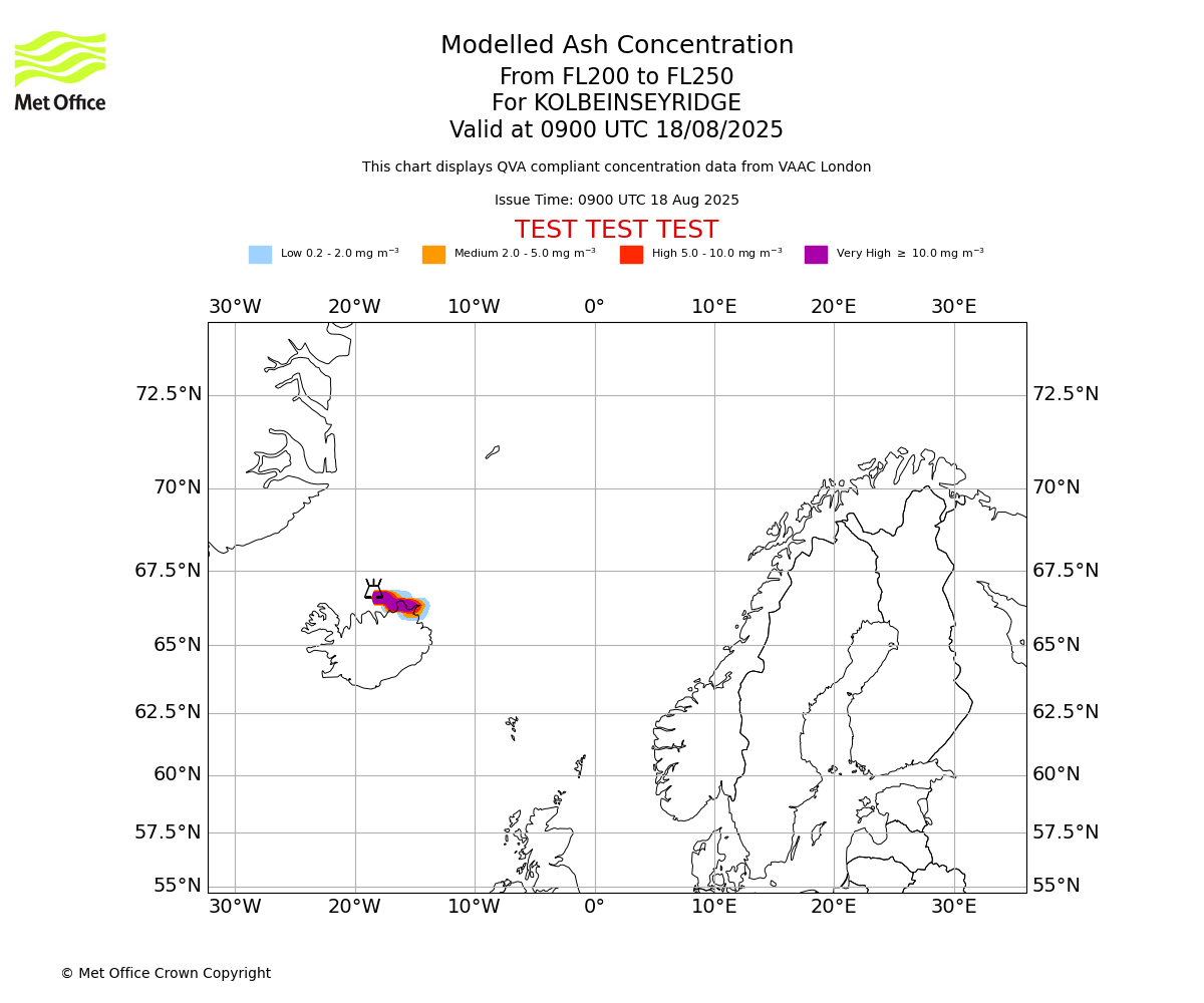 Modelled ash concentration from 200 to 250 for KOLBEINSEYRIDGE. Valid at 0900 UTC 18/08/2025