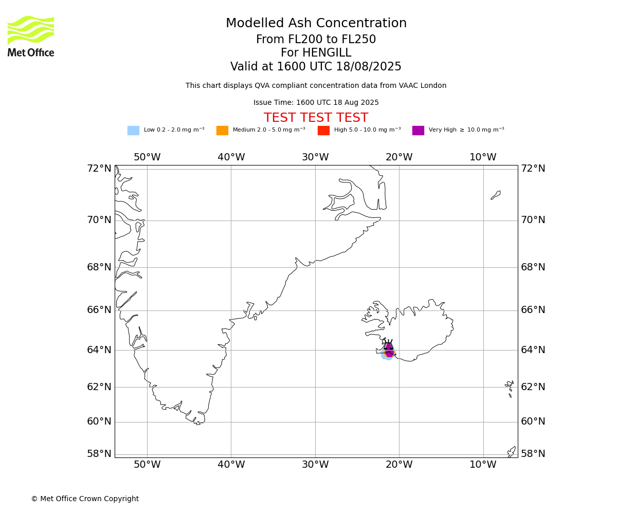 Modelled ash concentration from 200 to 250 for HENGILL. Valid at 1600 UTC 18/08/2025