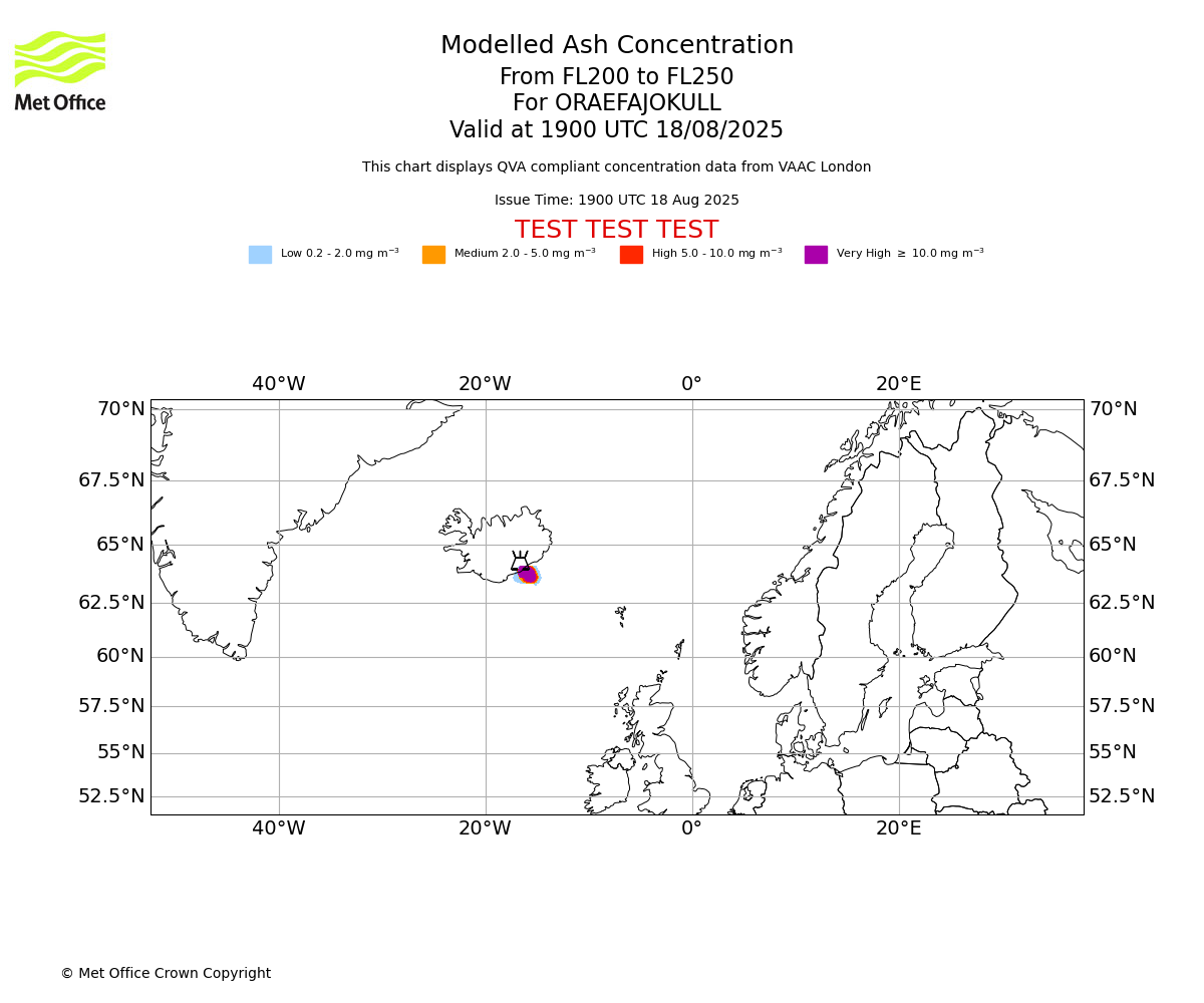 Modelled ash concentration from 200 to 250 for ORAEFAJOKULL. Valid at 1900 UTC 18/08/2025