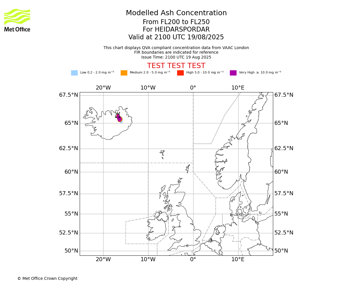 Modelled ash concentration from 200 to 250 for HEIDARSPORDAR. Valid at 2100 UTC 19/08/2025