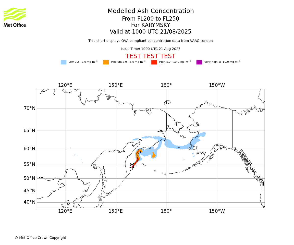 Modelled ash concentration from 200 to 250 for KARYMSKY. Valid at 1000 UTC 21/08/2025