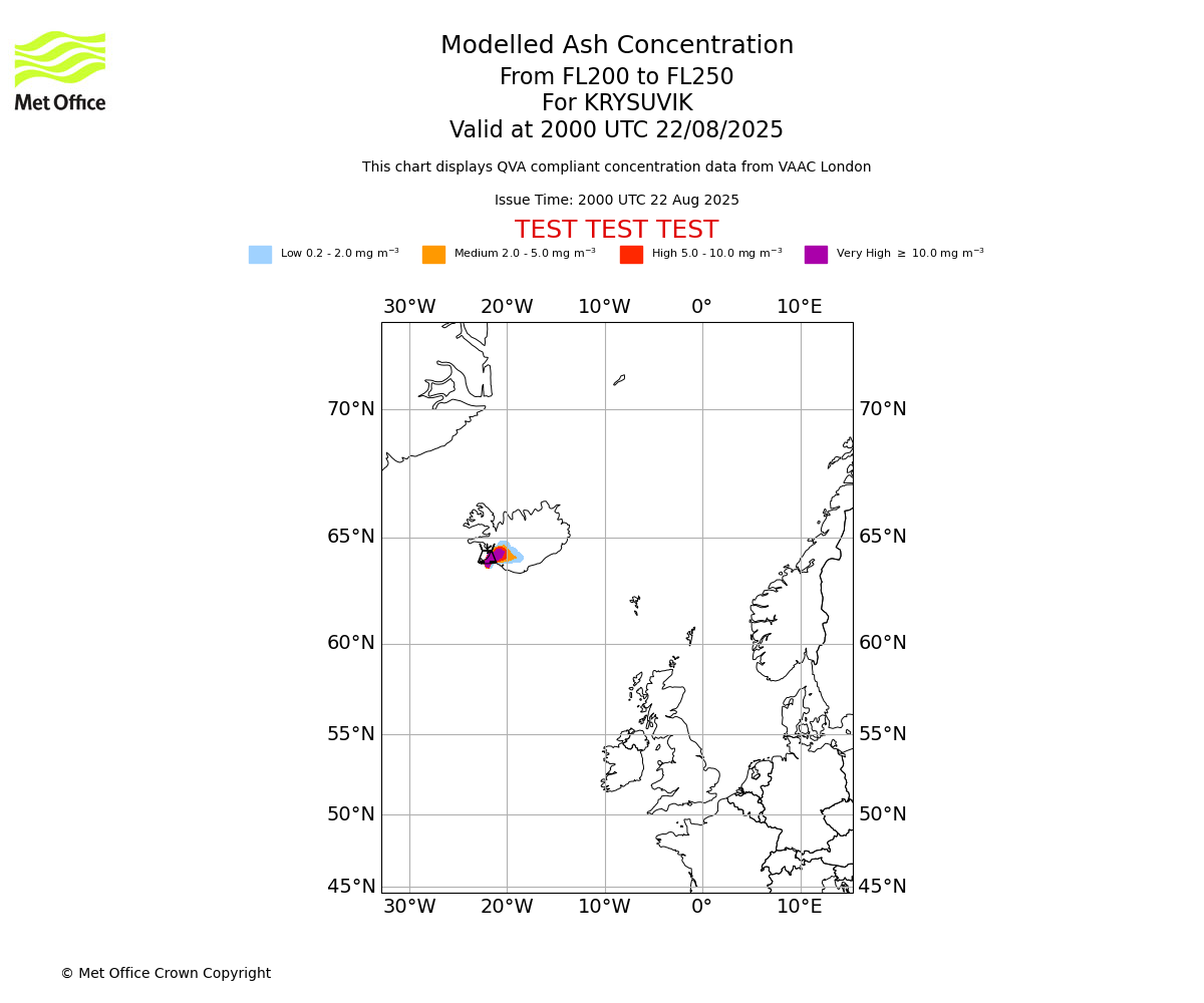 Modelled ash concentration from 200 to 250 for KRYSUVIK. Valid at 2000 UTC 22/08/2025