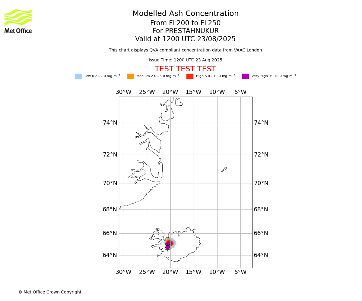 Modelled ash concentration from 200 to 250 for PRESTAHNUKUR. Valid at 1200 UTC 23/08/2025