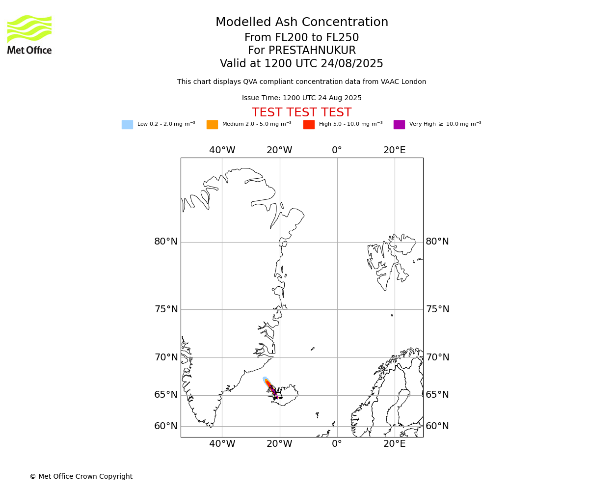 Modelled ash concentration from 200 to 250 for PRESTAHNUKUR. Valid at 1200 UTC 24/08/2025