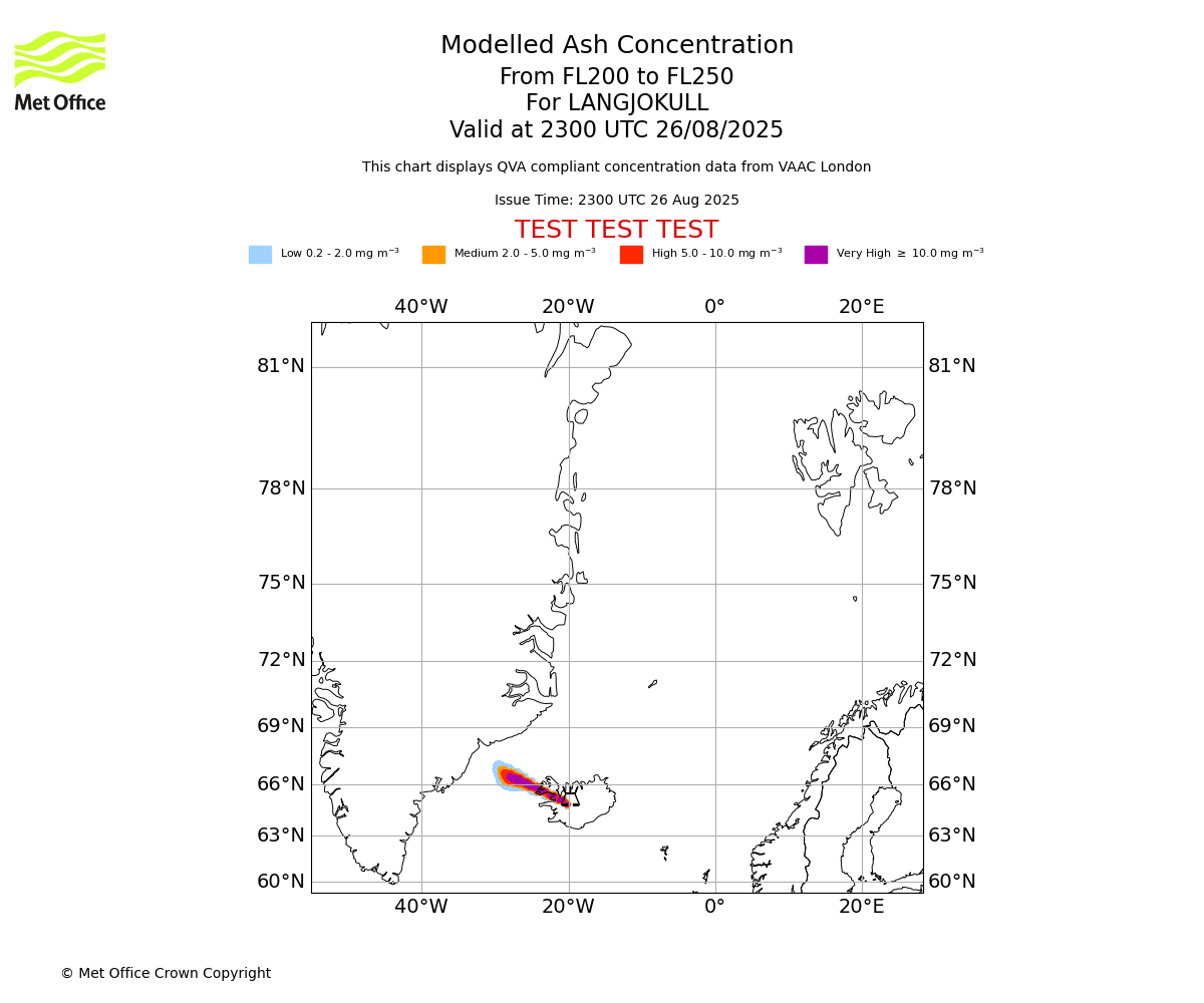 Modelled ash concentration from 200 to 250 for LANGJOKULL. Valid at 2300 UTC 26/08/2025