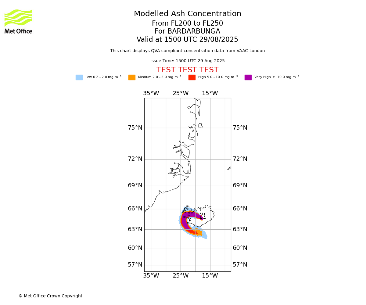 Modelled ash concentration from 200 to 250 for BARDARBUNGA. Valid at 1500 UTC 29/08/2025