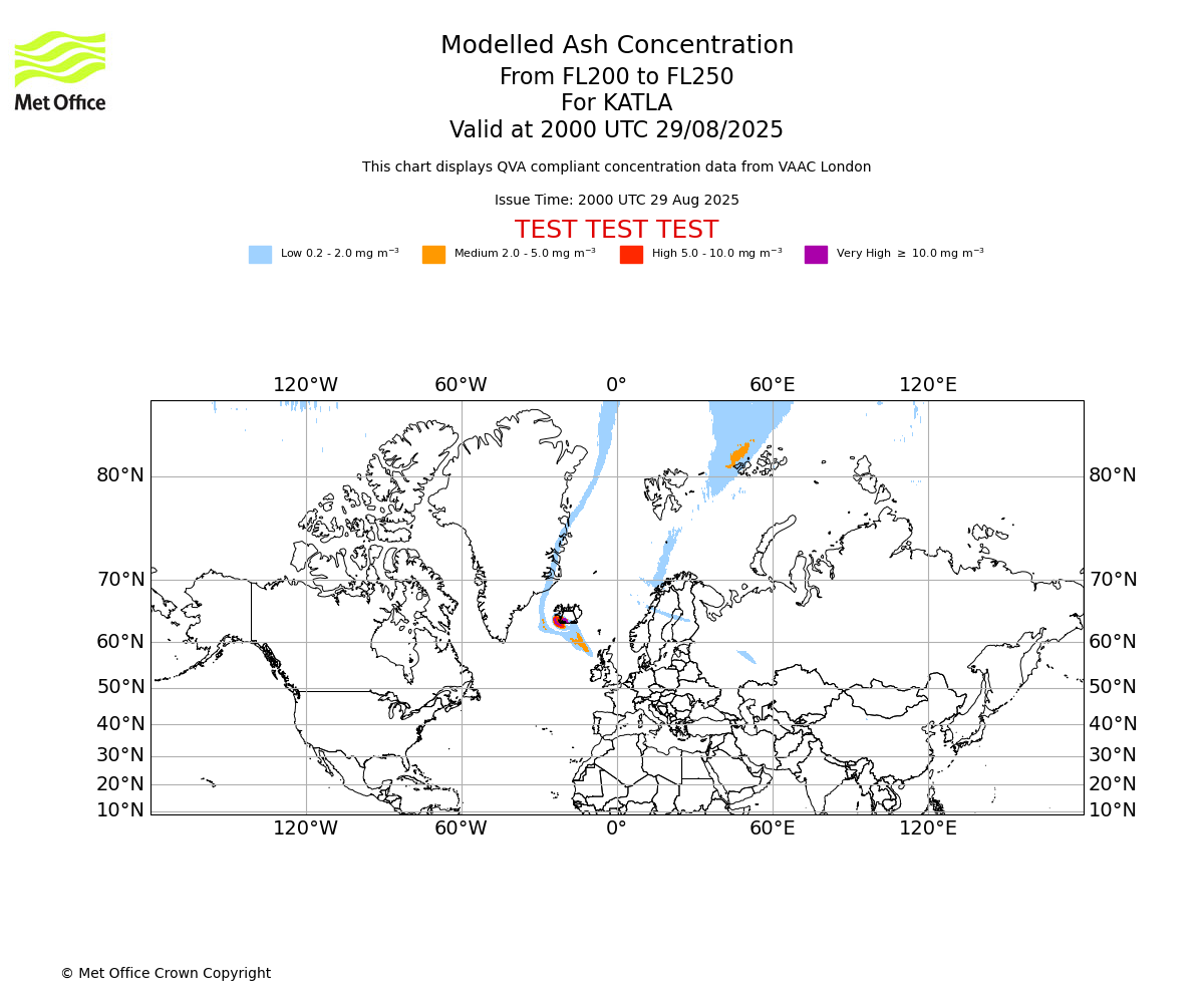 Modelled ash concentration from 200 to 250 for KATLA. Valid at 2000 UTC 29/08/2025
