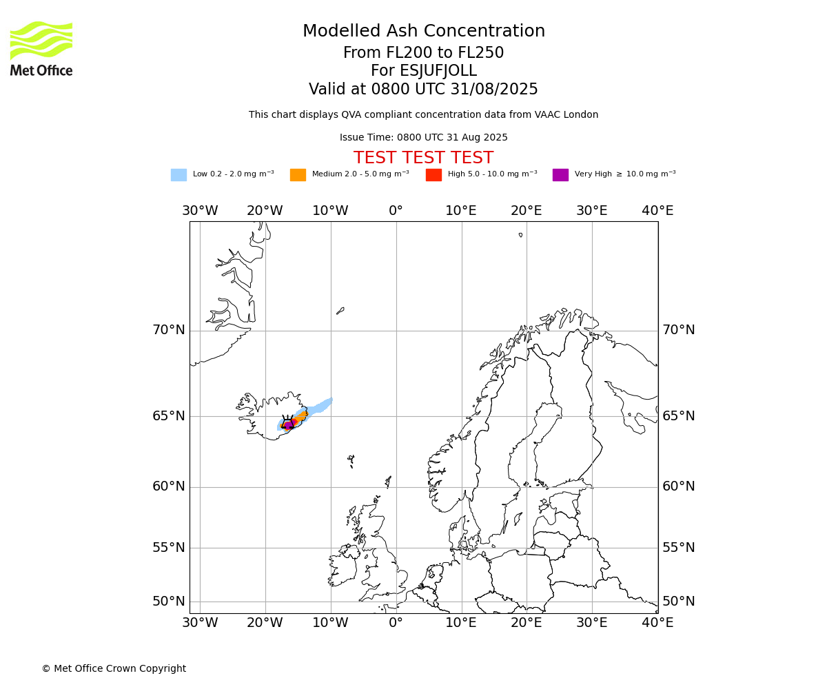 Modelled ash concentration from 200 to 250 for ESJUFJOLL. Valid at 0800 UTC 31/08/2025