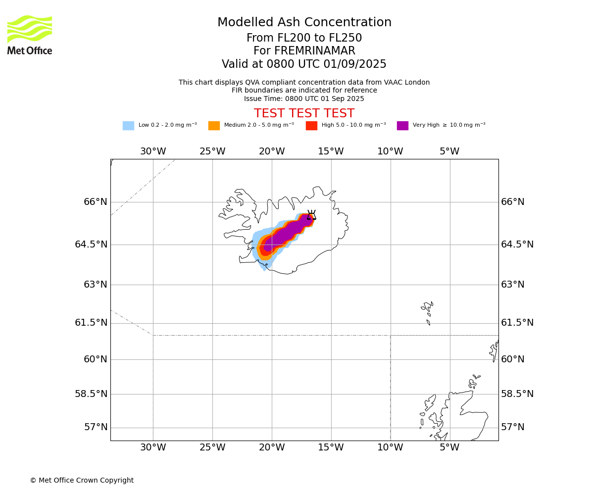 Modelled ash concentration from 200 to 250 for FREMRINAMAR. Valid at 0800 UTC 01/09/2025