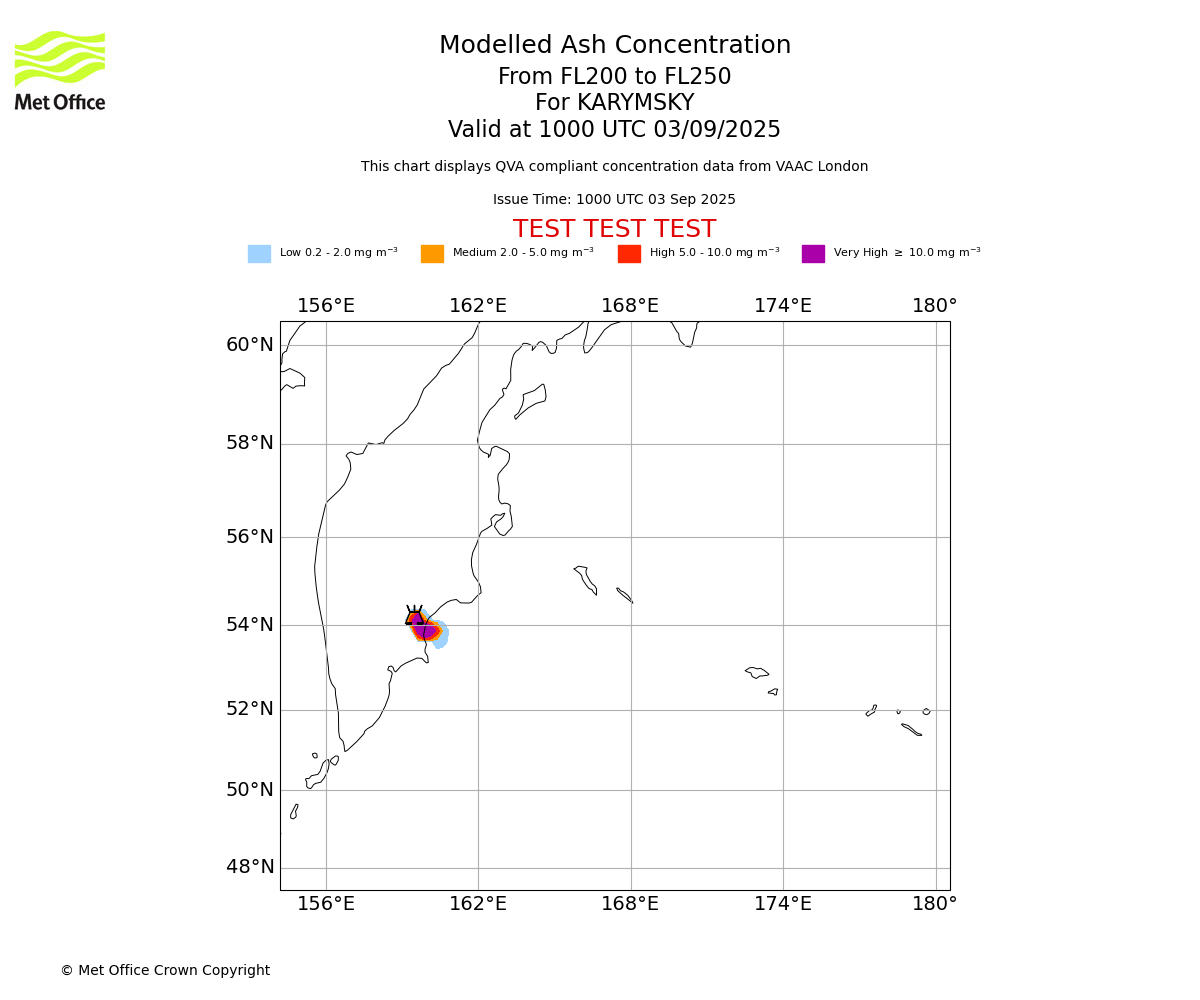 Modelled ash concentration from 200 to 250 for KARYMSKY. Valid at 1000 UTC 03/09/2025