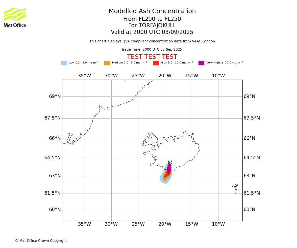 Modelled ash concentration from 200 to 250 for TORFAJOKULL. Valid at 2000 UTC 03/09/2025
