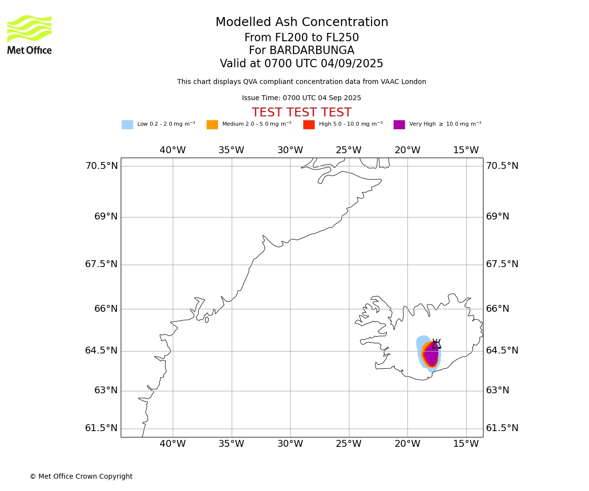 Modelled ash concentration from 200 to 250 for BARDARBUNGA. Valid at 0700 UTC 04/09/2025