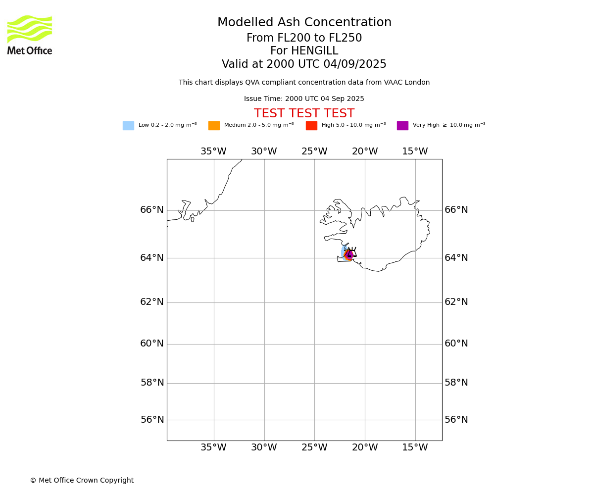 Modelled ash concentration from 200 to 250 for HENGILL. Valid at 2000 UTC 04/09/2025