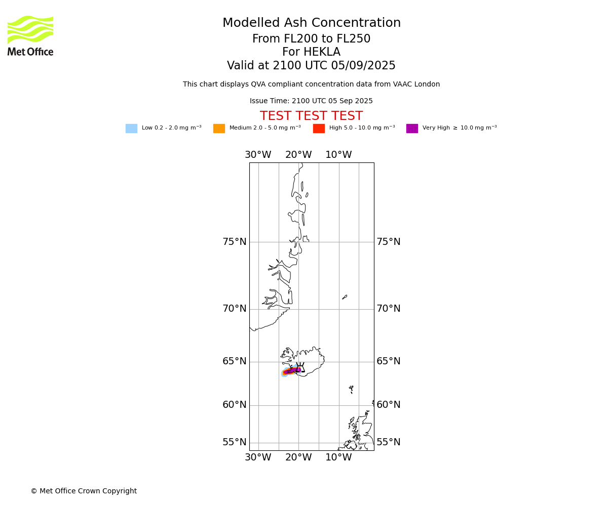 Modelled ash concentration from 200 to 250 for HEKLA. Valid at 2100 UTC 05/09/2025