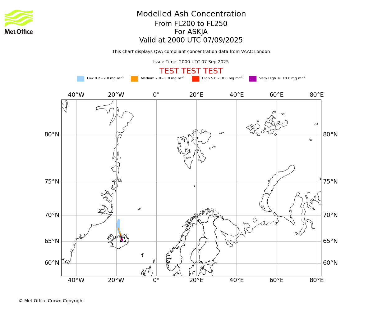 Modelled ash concentration from 200 to 250 for ASKJA. Valid at 2000 UTC 07/09/2025