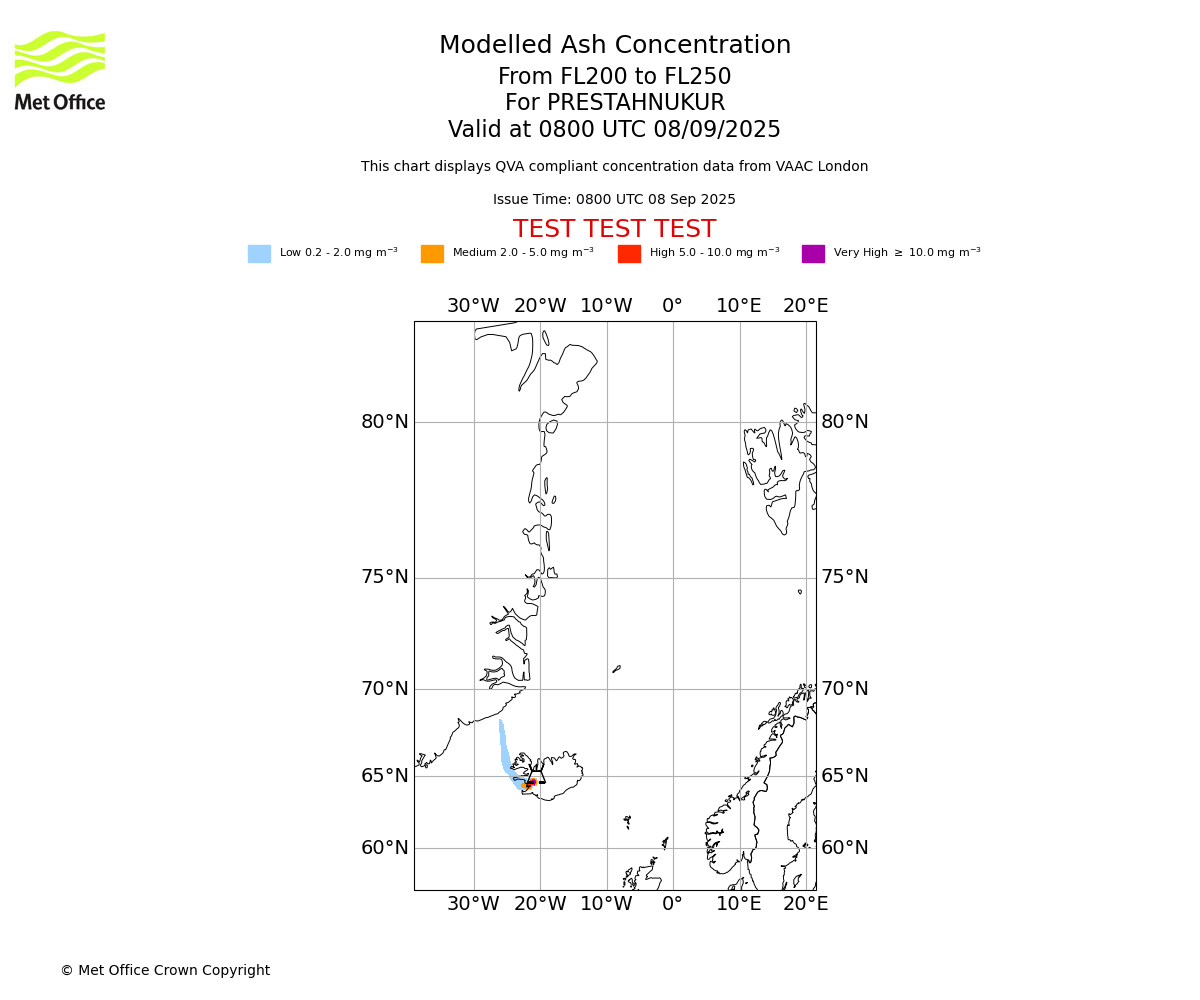 Modelled ash concentration from 200 to 250 for PRESTAHNUKUR. Valid at 0800 UTC 08/09/2025