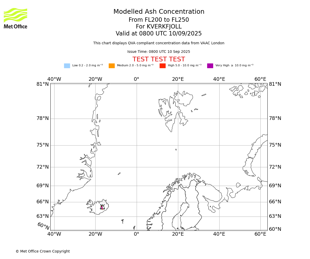 Modelled ash concentration from 200 to 250 for KVERKFJOLL. Valid at 0800 UTC 10/09/2025