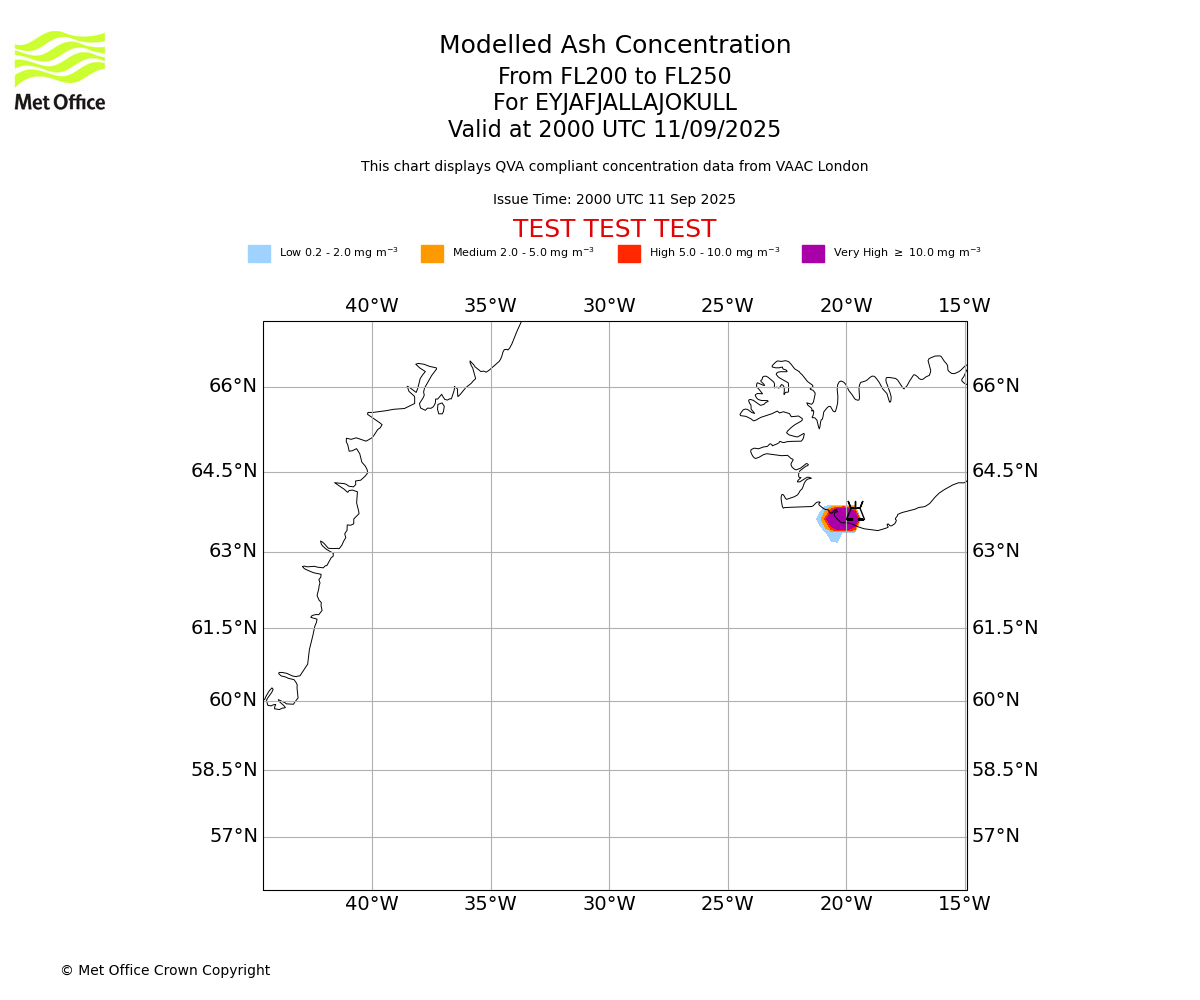 Modelled ash concentration from 200 to 250 for EYJAFJALLAJOKULL. Valid at 2000 UTC 11/09/2025