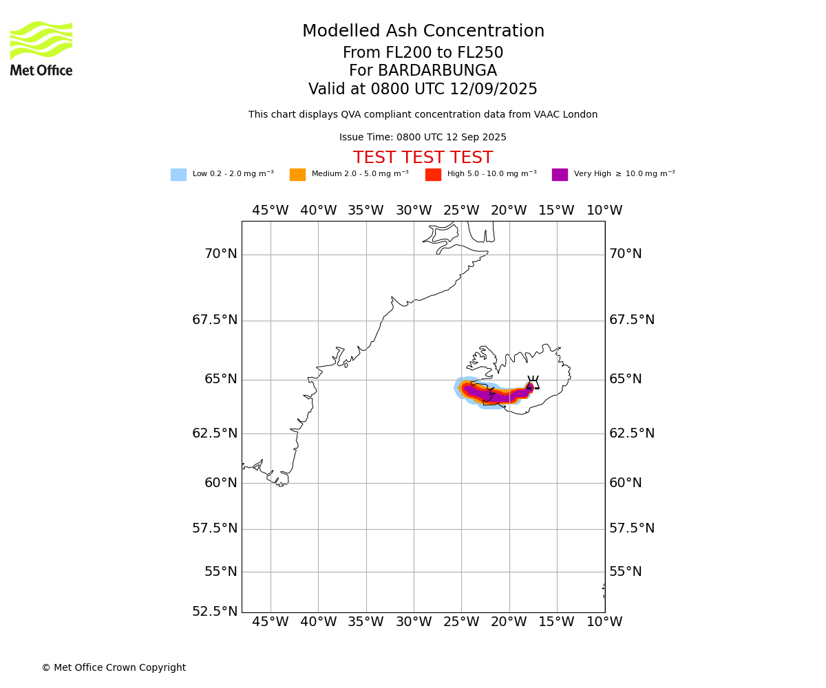 Modelled ash concentration from 200 to 250 for BARDARBUNGA. Valid at 0800 UTC 12/09/2025