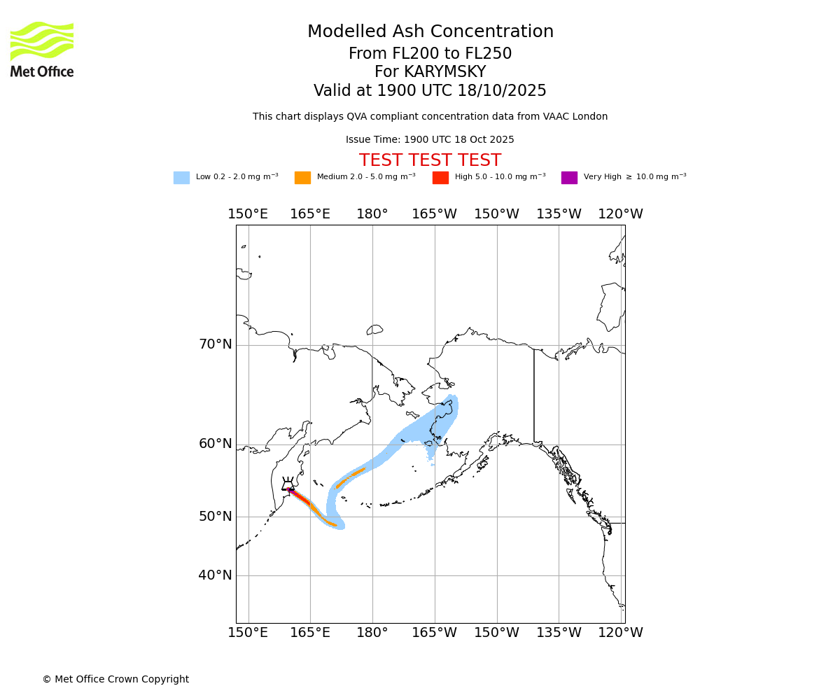 Modelled ash concentration from 200 to 250 for KARYMSKY. Valid at 1900 UTC 18/10/2025