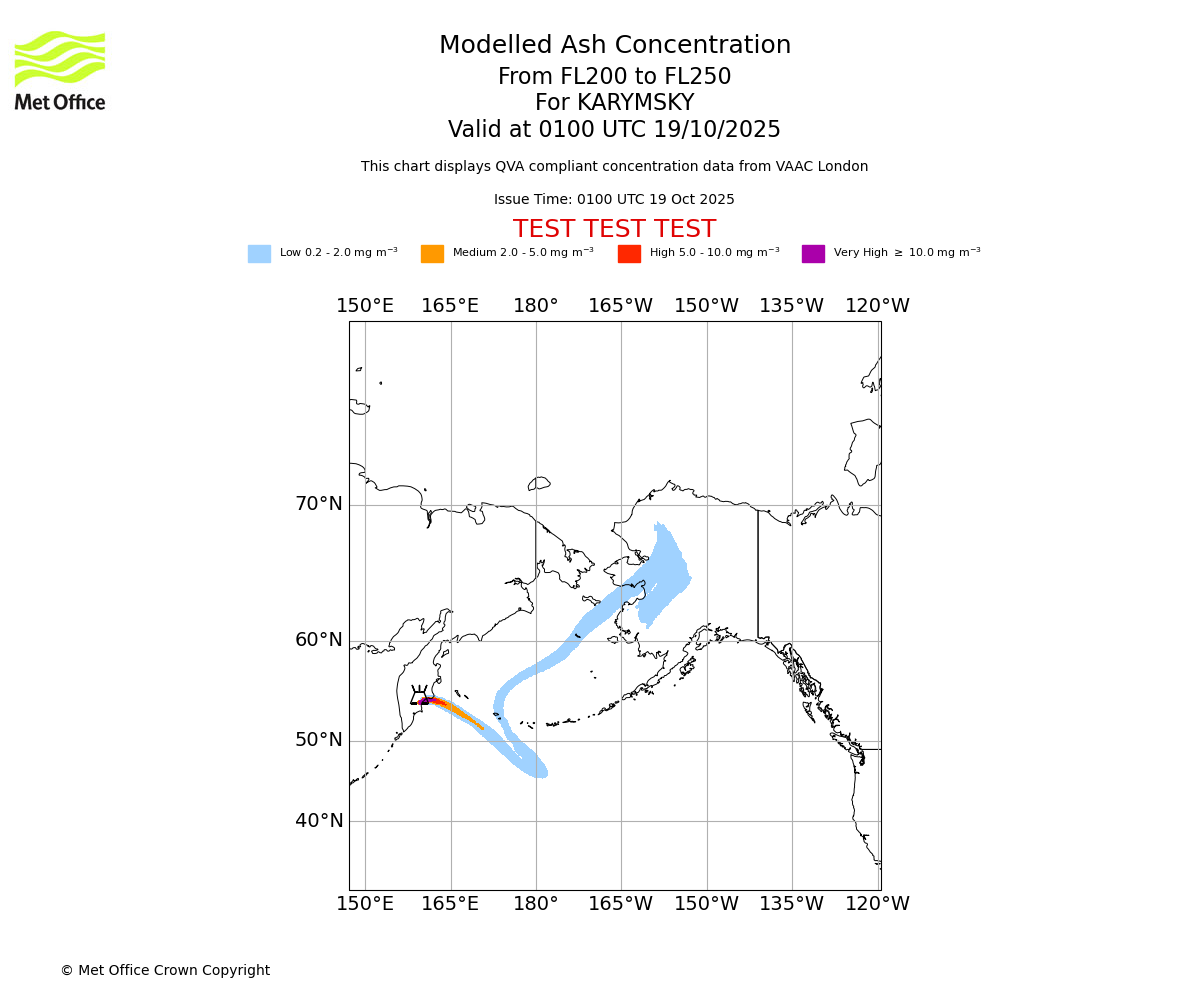 Modelled ash concentration from 200 to 250 for KARYMSKY. Valid at 0100 UTC 19/10/2025