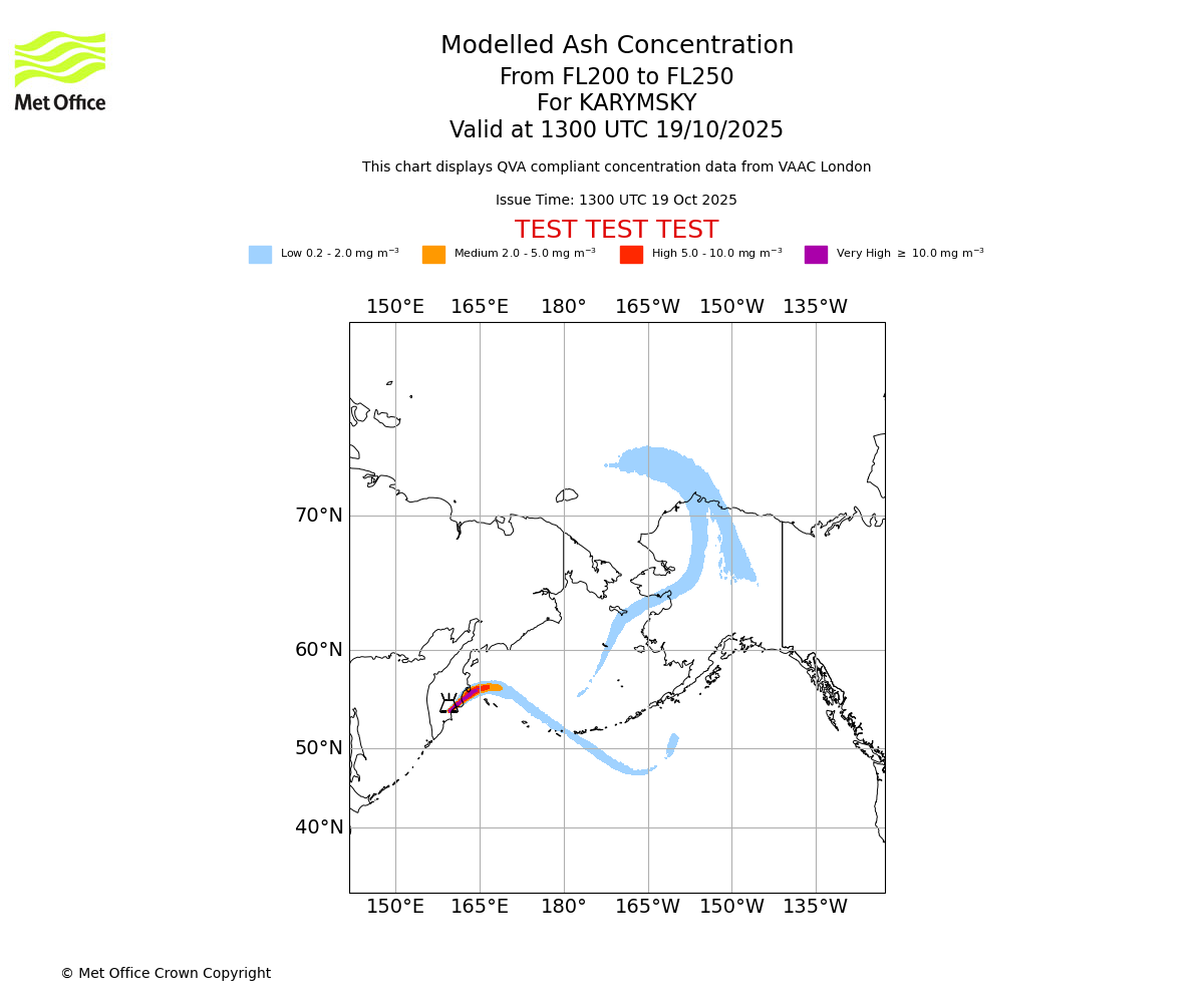 Modelled ash concentration from 200 to 250 for KARYMSKY. Valid at 1300 UTC 19/10/2025