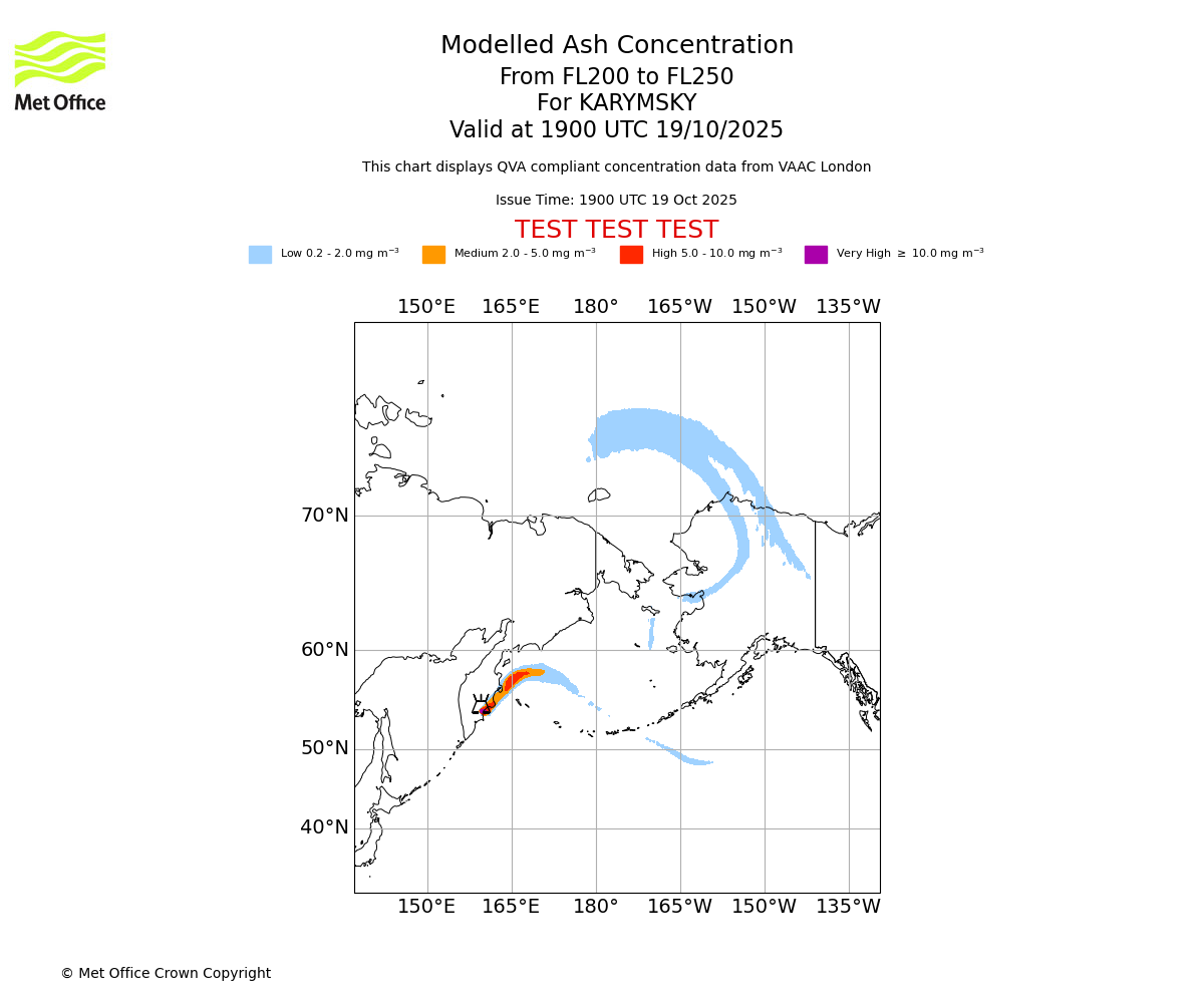 Modelled ash concentration from 200 to 250 for KARYMSKY. Valid at 1900 UTC 19/10/2025