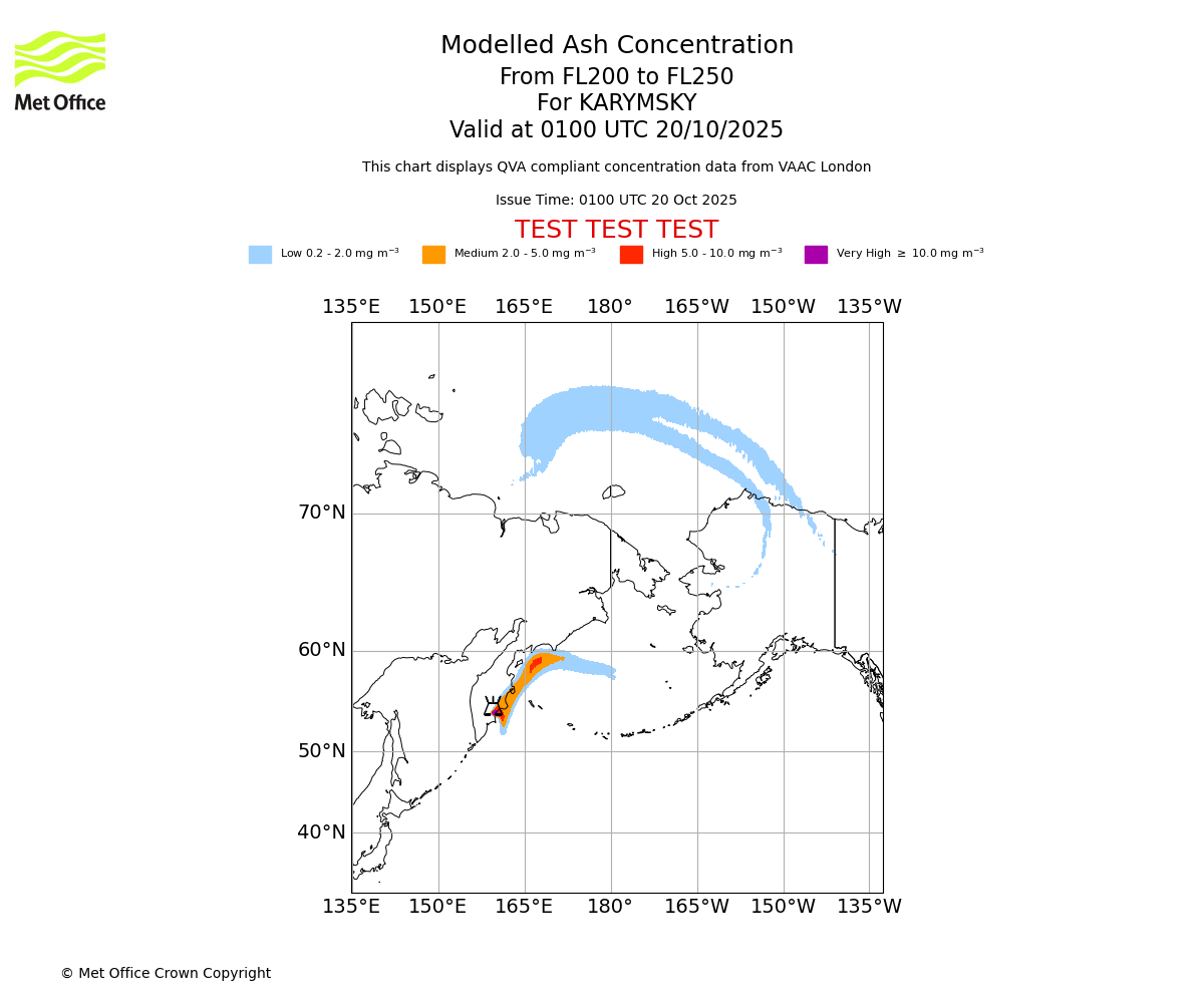 Modelled ash concentration from 200 to 250 for KARYMSKY. Valid at 0100 UTC 20/10/2025
